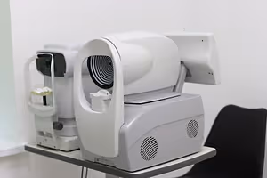 Close up of a medical machine with a black chair in the background