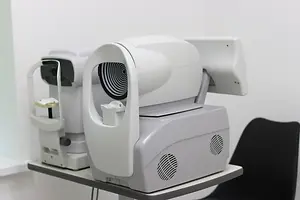 Close up of a medical machine with a black chair in the background