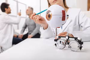 Optometrist showing a model of an eye to an elderly patient in a clinic