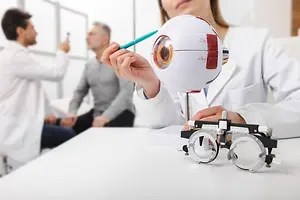 Optometrist showing a model of an eye to an elderly patient in a clinic