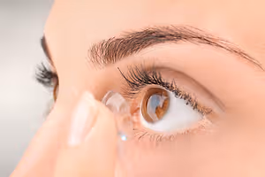 Close-up view of a woman putting a contact lens in her eye.