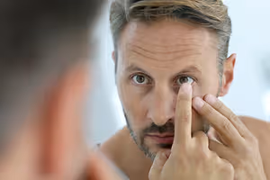 A man with brown eyes is looking at his reflection in the mirror and trying to put a contact lens in his eye while holding his eye with his right hand.