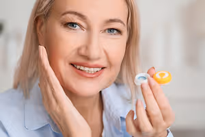A woman is smiling and looking at something in front of her, holding a small bottle and a small container in her hand. She is wearing a blue shirt and has a bracelet on her left wrist. She is also touching her face with her left hand. Behind her is a white wall and a blurry object on the right side.