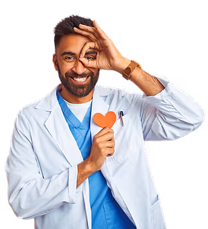 A smiling man in a lab coat holding a heart shaped piece of paper
