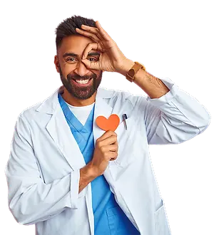 A smiling man in a lab coat holding a heart shaped piece of paper