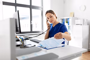Woman wearing blue scrubs sitting at her desk on a phone call looking at paperwork.