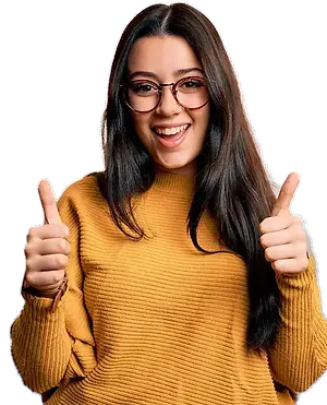 A woman with long black hair wearing glasses and a yellow sweater is smiling and giving two thumbs up.