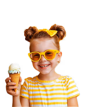 A young girl with a cone of ice cream wearing yellow glasses and a yellow bow in her hair.