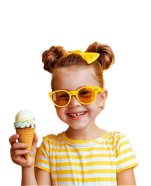 A young girl with a cone of ice cream wearing yellow glasses and a yellow bow in her hair.