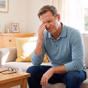 Man with closed eyes rubbing an irritated eye beside eyeglasses and eye drops