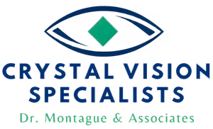 Crystal Vision Specialists logo featuring a blue eye with a green diamond inside and text reading Dr. Montague & Associates