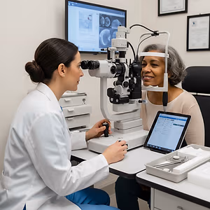 An eye doctor is examining a patient's eyes using a microscope in an office setting