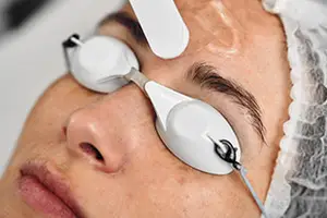 Woman with brown eyes undergoing a facial treatment using a medical device