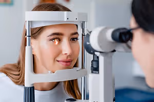 Woman having her eye examined by a doctor in a clinic