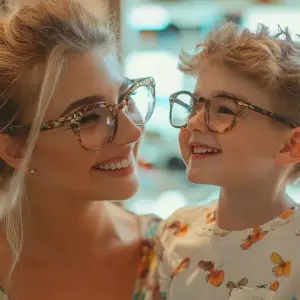 A woman and a boy are smiling and looking at each other while wearing glasses