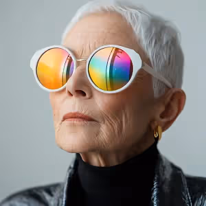 Elegant older woman with white hair wearing colorful sunglasses and a black turtleneck shirt