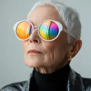 Elegant older woman with white hair wearing colorful sunglasses and a black turtleneck shirt