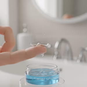 A hand is holding a contact lens over a container of contact lens solution labeled Gas Permeable (GP) Lenses