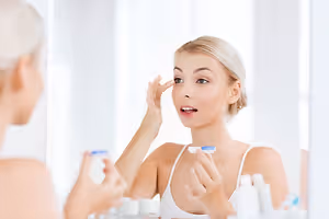 A woman with blonde hair looking at herself in a mirror and touching her face, holding a contact lens in her hand.