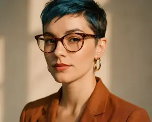 A woman with blue hair is wearing eyeglasses, a brown blazer, and gold hoop earrings. She is looking to the right while posing for a photo. She has red lipstick and has a serious expression on her face. The background is blurry and the light is coming from the right.