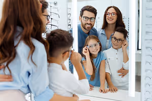 A family with three children in glasses try on glasses in a mirror at an optometrist's office.