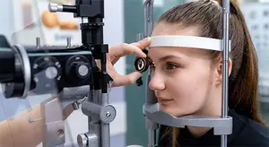 A young woman undergoes an eye examination, with a doctor holding a device close to her eye.