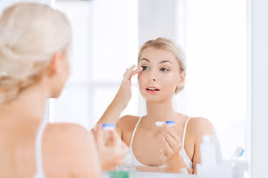 Woman in a bathroom applying contact lenses in front of a mirror
