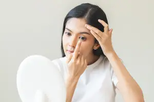 A woman tries to insert a contact lens into her eye while looking in a mirror