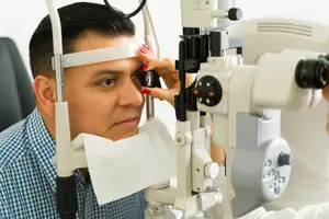 An eye doctor is examining a patient's eyes with a slit lamp in a clinic.