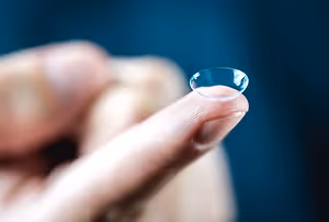 An image of a finger holding a contact lens, possibly being examined or prepared for use.