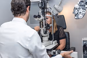 A man is examining a woman's eye using an ophthalmoscope in a medical room.