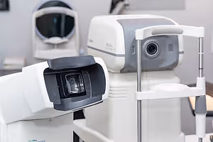 Two ophthalmoscopes sitting on a table in an optometrist's office