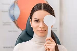 Woman holding a white eye chart at the eye clinic