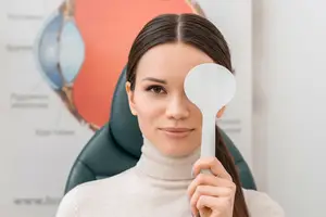 Woman holding a white eye chart at the eye clinic