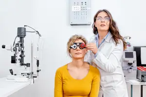 Woman in a white coat adjusting the visor of an ophthalmoscope on a patient's eye in a clinic.