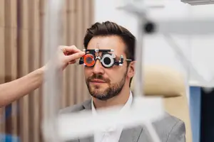 A man in a suit is having his eyes checked by a doctor in an office