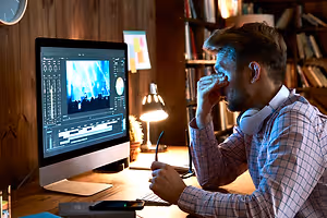 A man sitting at a desk with a computer monitor displaying a video editing software, a lamp, books, a cell phone, a potted plant, and a clock on the wall