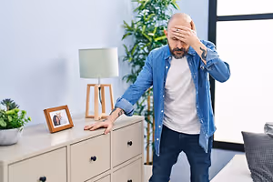 A man with a worried expression standing in a living room with his hand on his forehead.