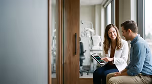 A woman doctor is showing something on a tablet to a man sitting next to her in a clinic