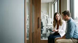 A woman doctor is showing something on a tablet to a man sitting next to her in a clinic
