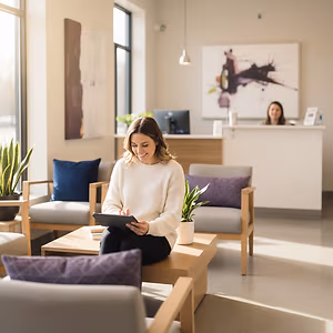 A woman sitting in a chair in a dental office and smiling while using a tablet.