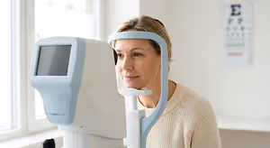An older woman is using an eye exam machine while sitting down in a white sweater