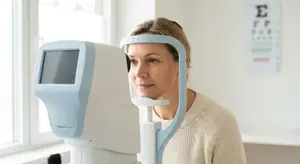 An older woman is using an eye exam machine while sitting down in a white sweater