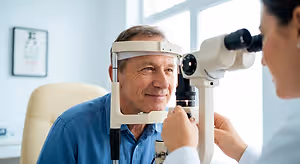 A male patient having his eyes examined by a female eye doctor using a phoropter