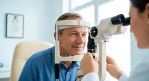 A male patient having his eyes examined by a female eye doctor using a phoropter