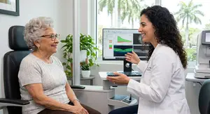 An older woman is sitting in a chair in an ophthalmologist's office as the doctor shows her the results on the computer monitor