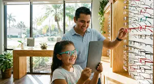 A man and a young girl are looking at frames at an optometrist's office.