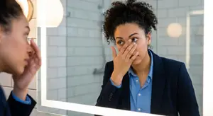 A woman wearing a business suit puts a contact in her eye in front of a mirror.