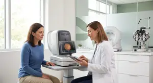 A doctor reviews an image of a patient's eye on a tablet
