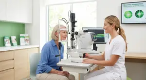 A woman is sitting in a chair while a doctor is looking at her eye using a machine in a medical clinic